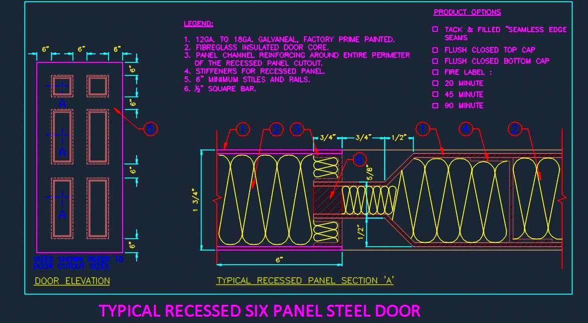 Recessed Six-Panel Door CAD- Elevation and Sectional Details